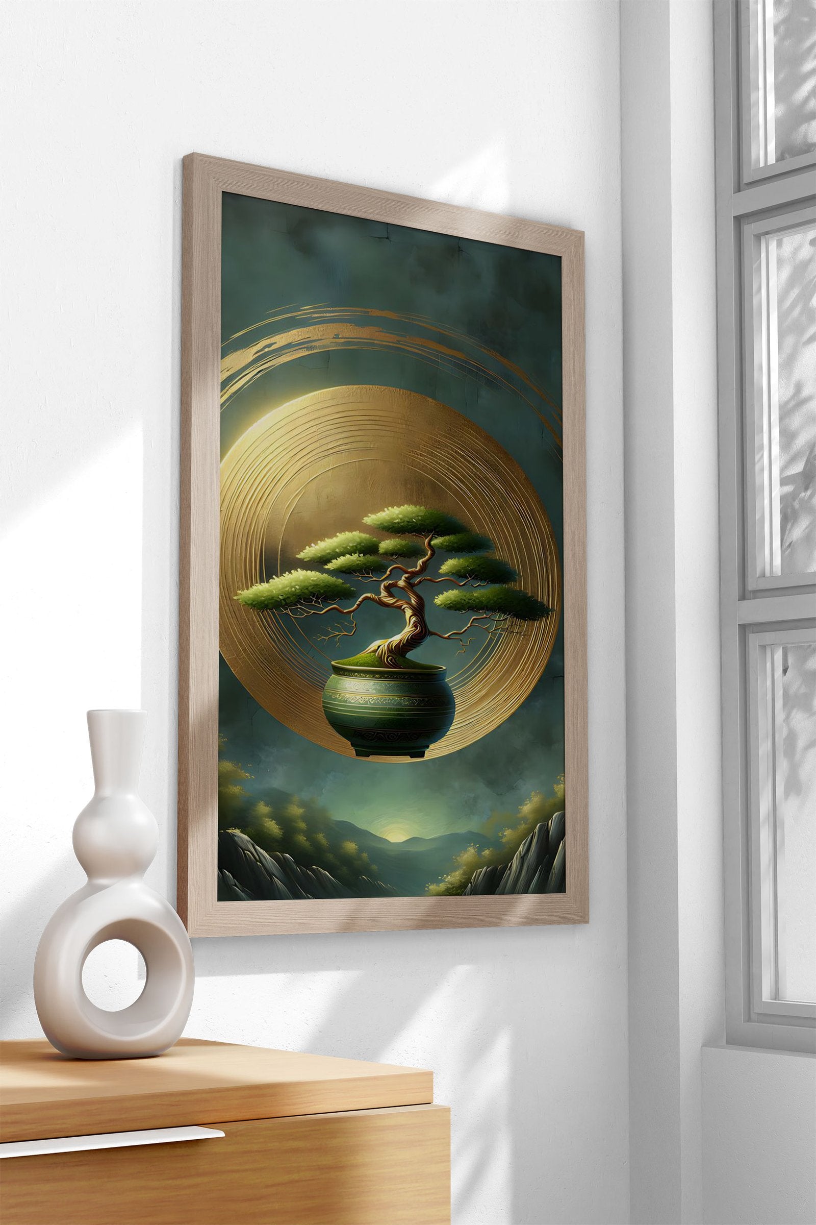 Bonsai Tree in Golden Circle Asian Style Poster | Wall Art for Home & Office | High-Quality Print - High-quality vi