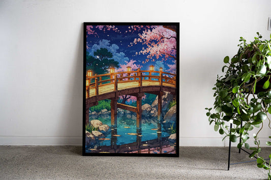 Bridge River Sakura Japan Asian Style Poster | Wall Art for Home & Office | High-Quality Print - High-quality vinyl