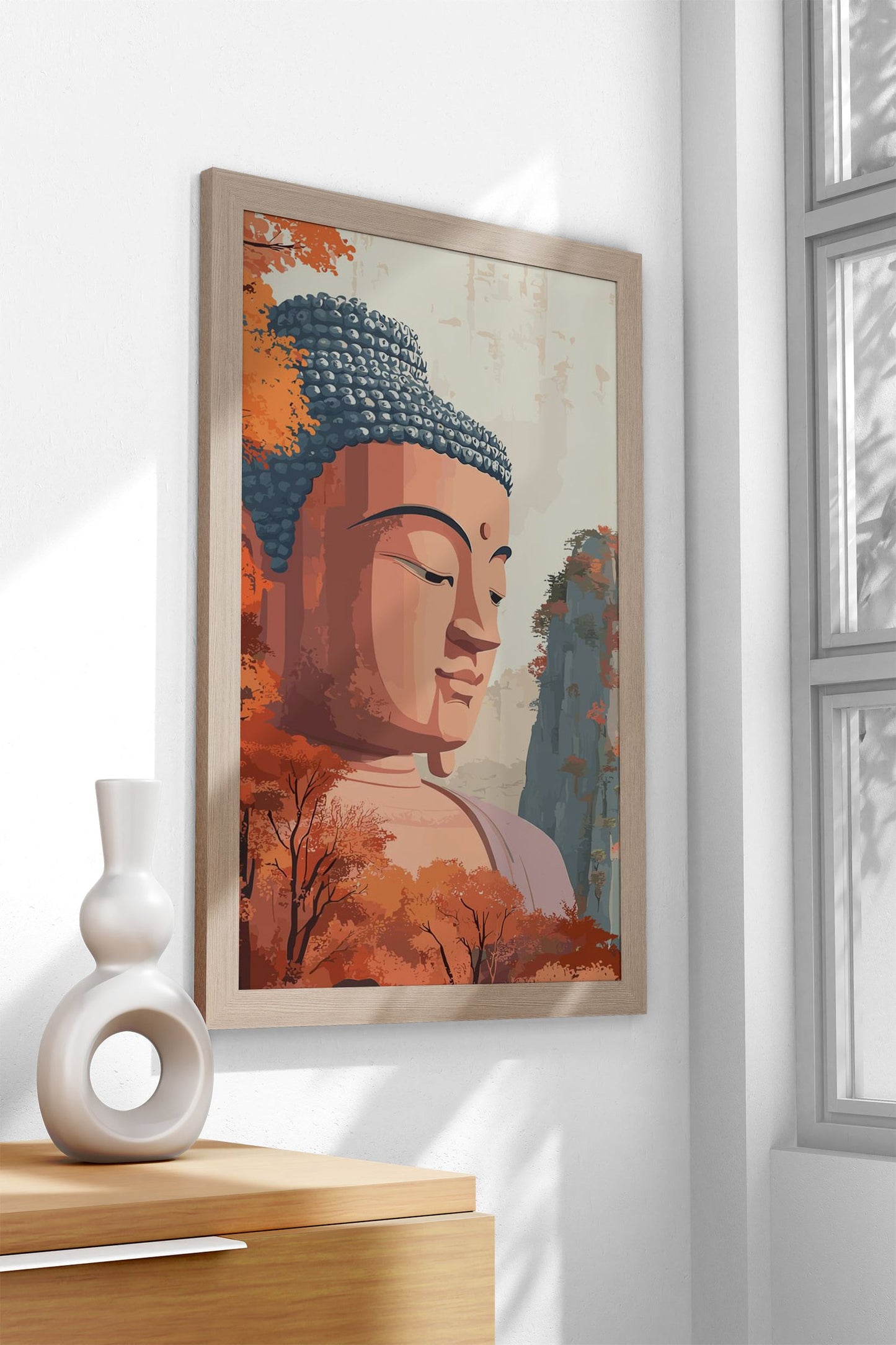 Buddha Statue in Autumn Asian Style Poster | Wall Art for Home & Office | High-Quality Print
