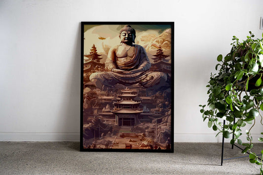Buddha Temple Illustration Asian Style Poster | Wall Art for Home & Office | High-Quality Print - High-quality viny
