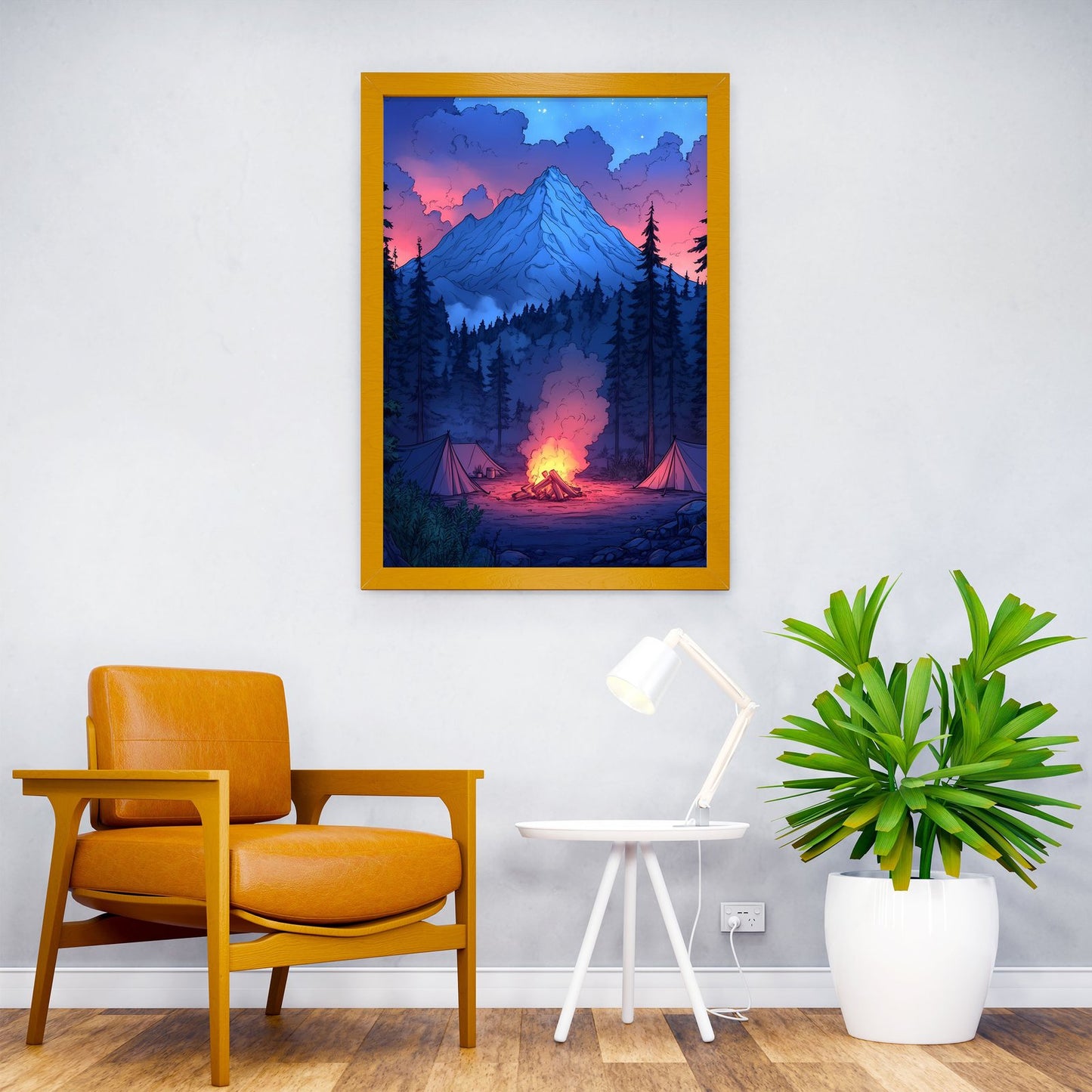 Campfire Under Mountain Sky Asian Style Poster | Wall Art for Home & Office | High-Quality Print