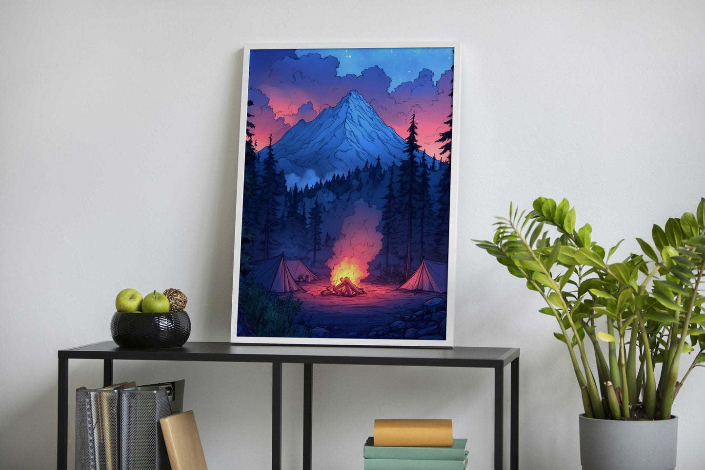 Campfire Under Mountain Sky Asian Style Poster | Wall Art for Home & Office | High-Quality Print