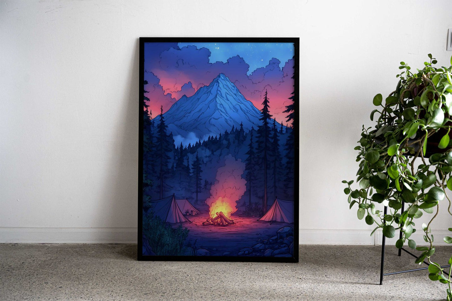 Campfire Under Mountain Sky Asian Style Poster | Wall Art for Home & Office | High-Quality Print