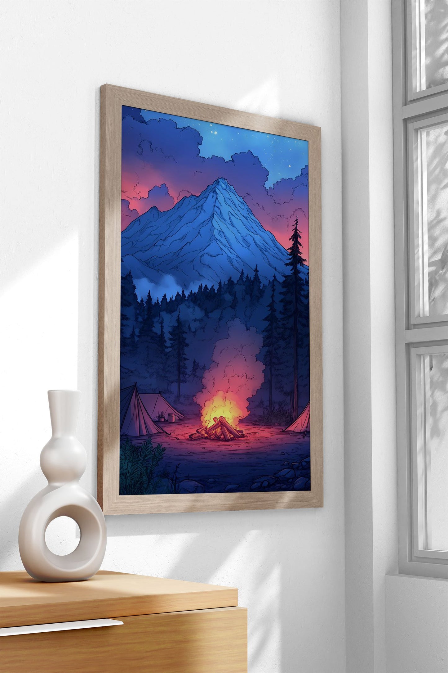 Campfire Under Mountain Sky Asian Style Poster | Wall Art for Home & Office | High-Quality Print