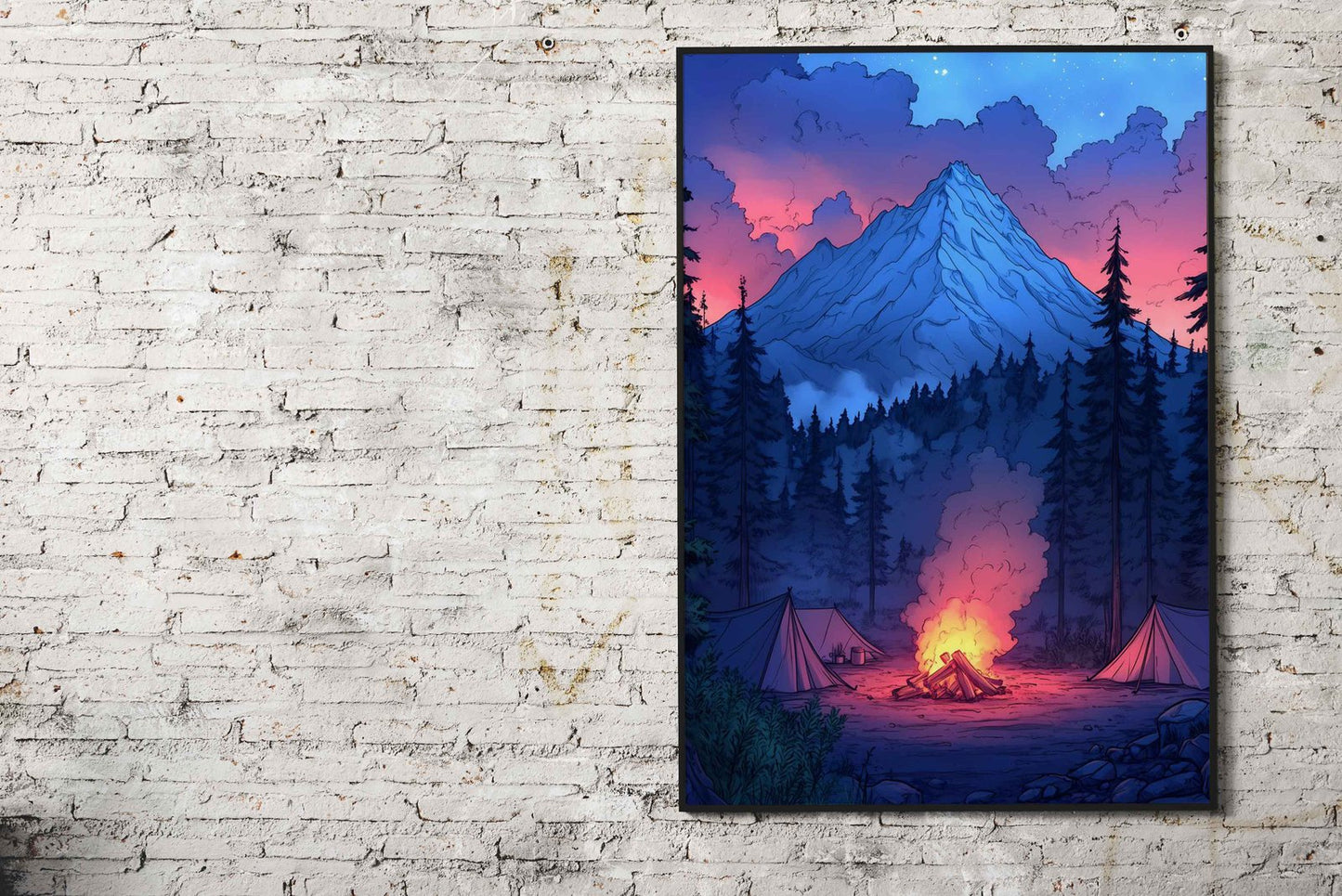 Campfire Under Mountain Sky Asian Style Poster | Wall Art for Home & Office | High-Quality Print