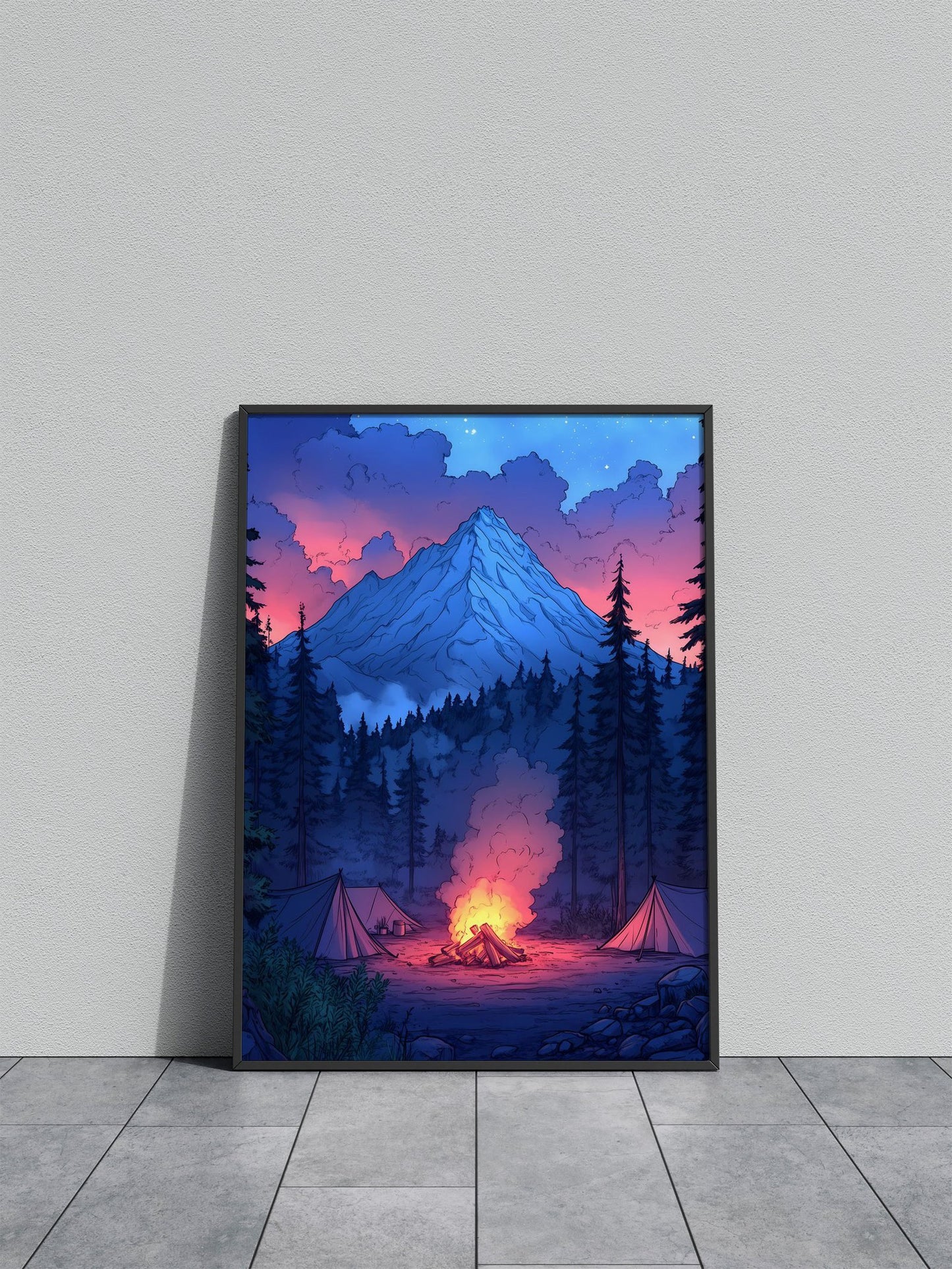 Campfire Under Mountain Sky Asian Style Poster | Wall Art for Home & Office | High-Quality Print