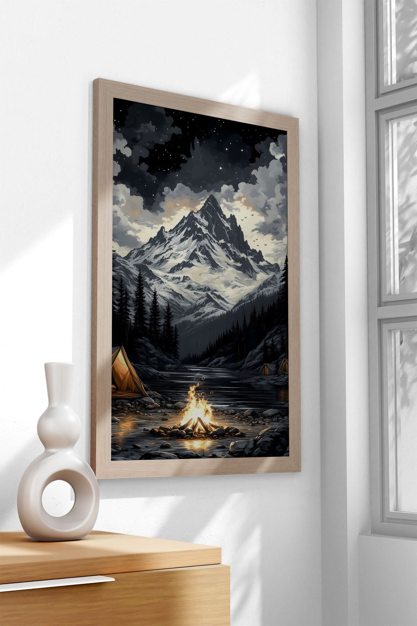 Campfire Under Snowy Peak Asian Style Poster | Wall Art for Home & Office | High-Quality Print