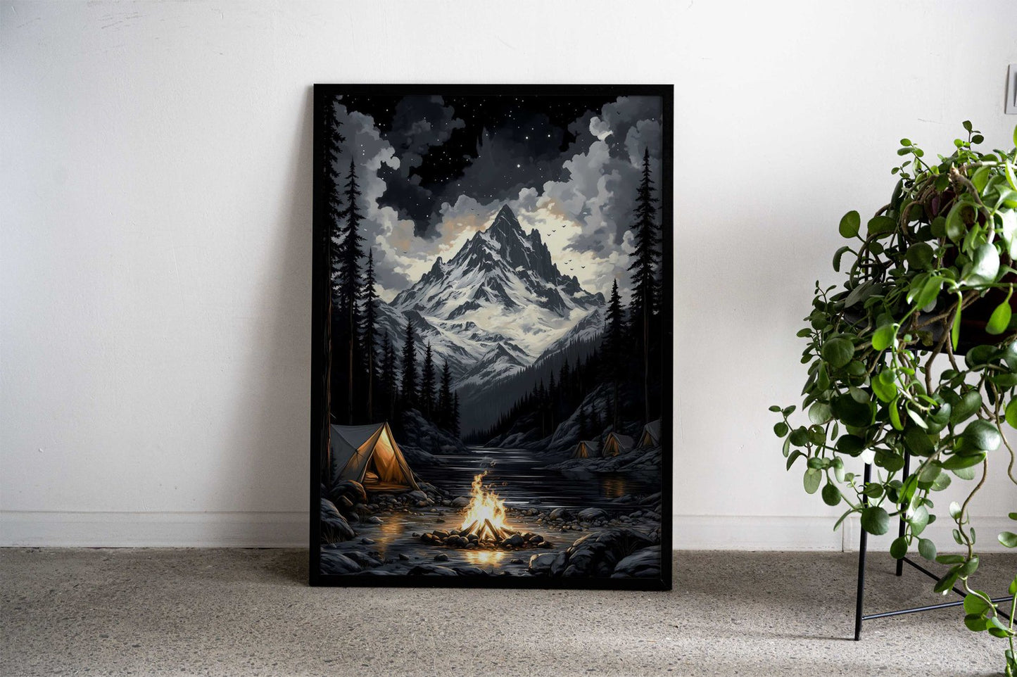 Campfire Under Snowy Peak Asian Style Poster | Wall Art for Home & Office | High-Quality Print