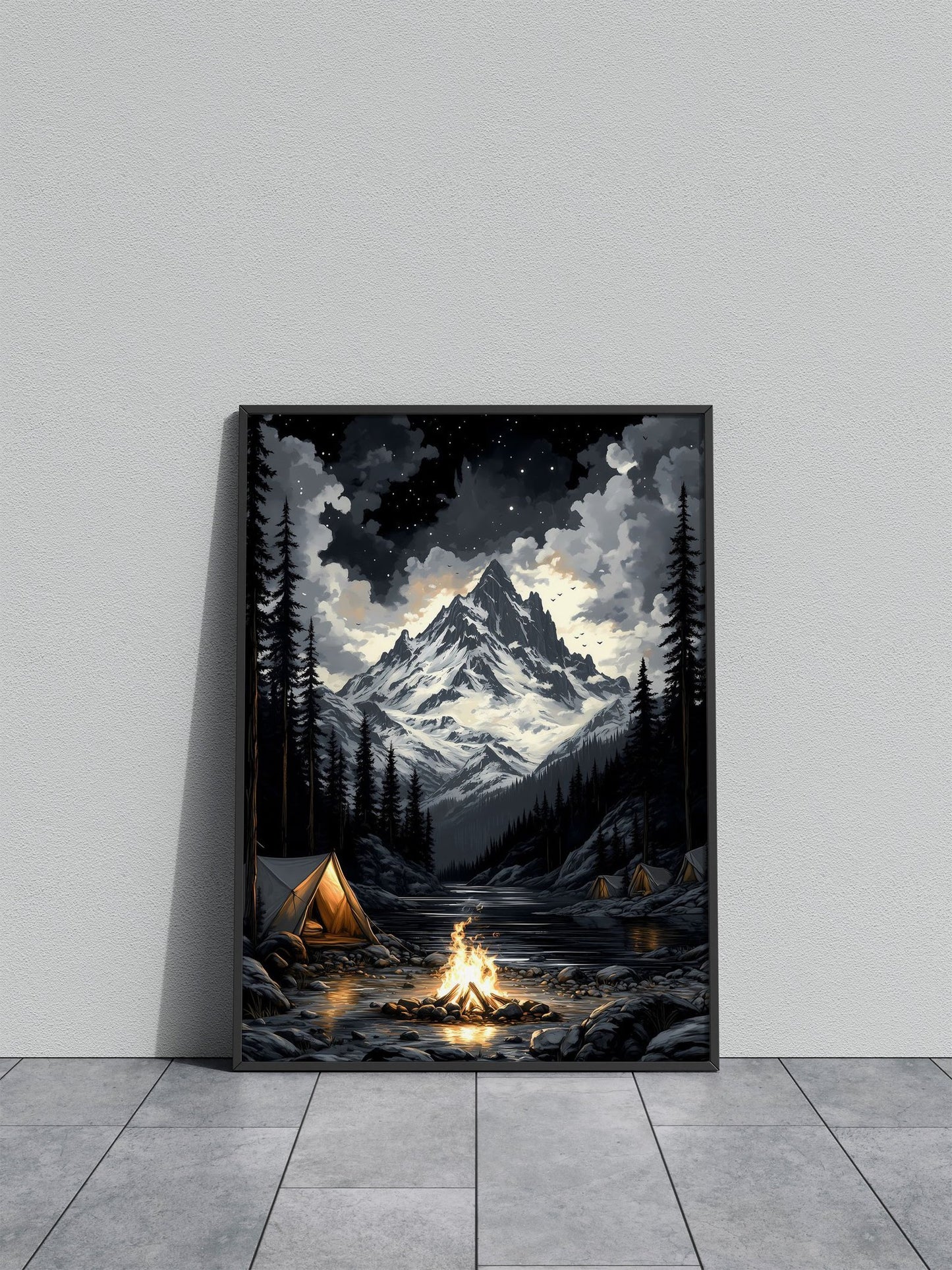 Campfire Under Snowy Peak Asian Style Poster | Wall Art for Home & Office | High-Quality Print