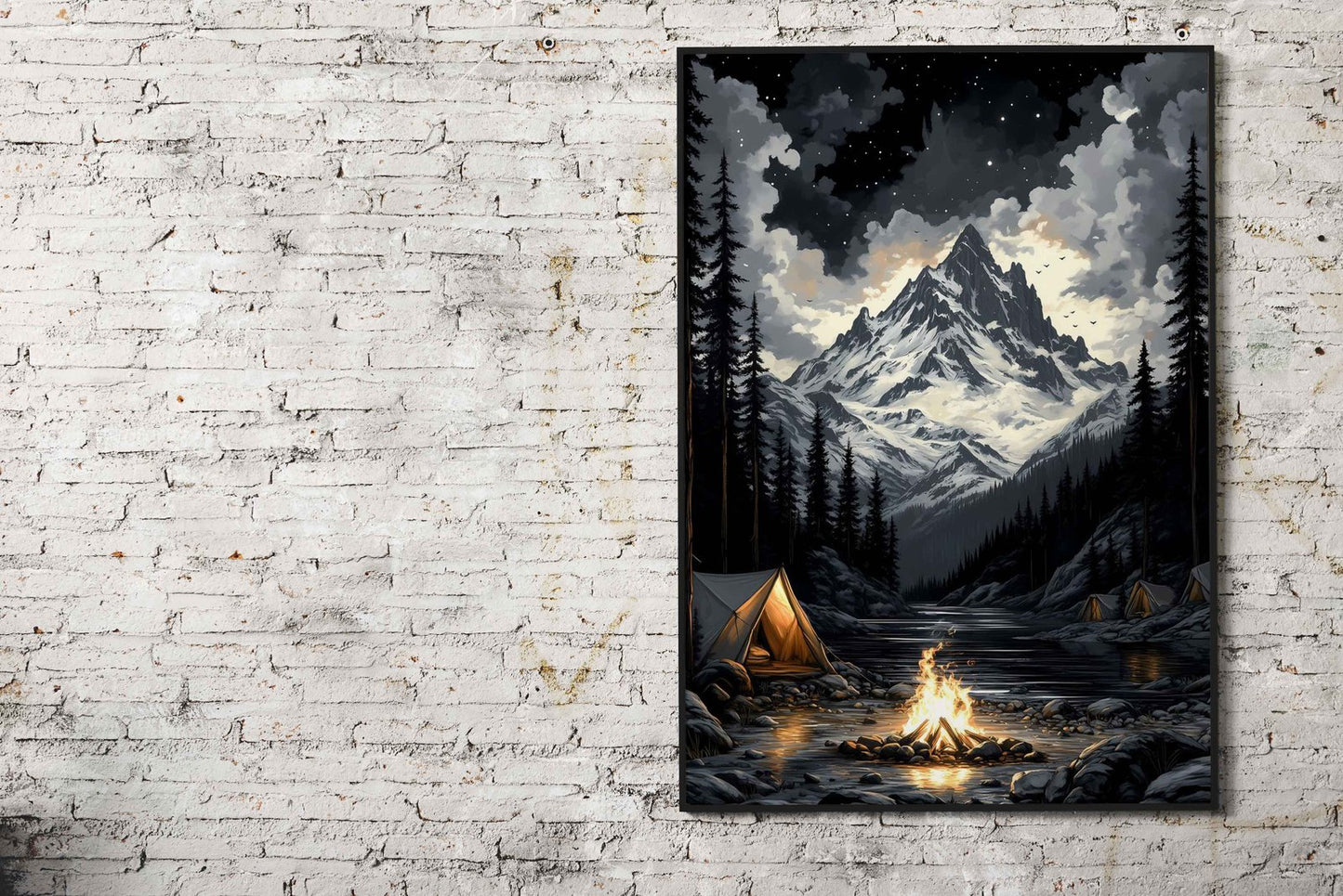 Campfire Under Snowy Peak Asian Style Poster | Wall Art for Home & Office | High-Quality Print