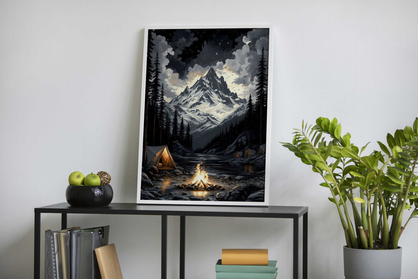 Campfire Under Snowy Peak Asian Style Poster | Wall Art for Home & Office | High-Quality Print