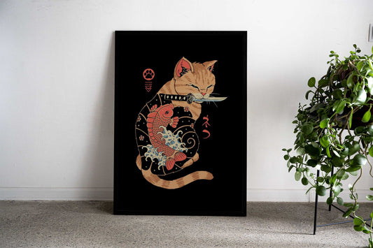 Carp Tattooed Cat Asian Style Poster | Wall Art for Home & Office | High-Quality Print - High-quality vinyl skin wr
