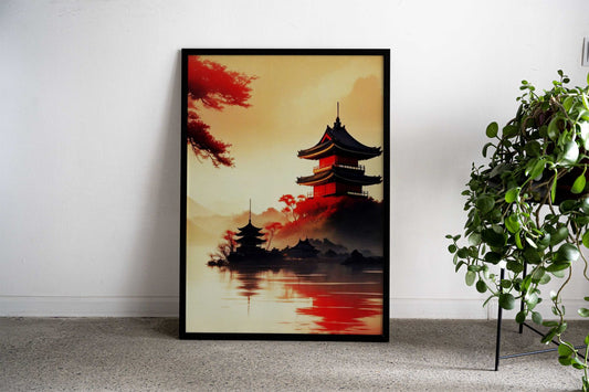Castle Japan Red Asian Style Poster | Wall Art for Home & Office | High-Quality Print - High-quality vinyl skin wra