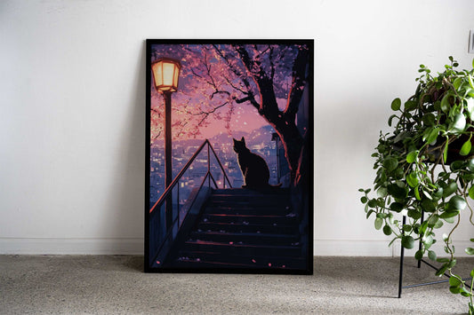 Cat Cherry Blossoms Tree Asian Style Poster | Wall Art for Home & Office | High-Quality Print - High-quality vinyl 
