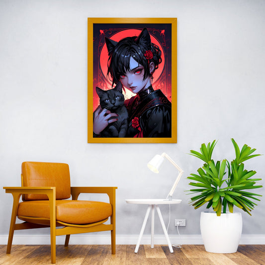 Cat Girl with Black Cat Asian Style Poster | Wall Art for Home & Office | High-Quality Print - High-quality vinyl s