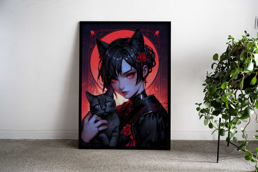 Cat Girl with Black Cat Asian Style Poster | Wall Art for Home & Office | High-Quality Print - High-quality vinyl s