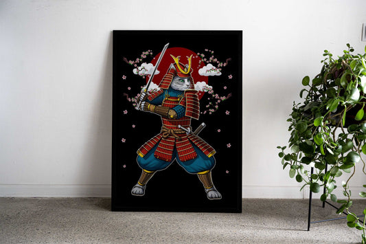 Cat Japanese Samurai Ninja Asian Style Poster | Wall Art for Home & Office | High-Quality Print - High-quality viny