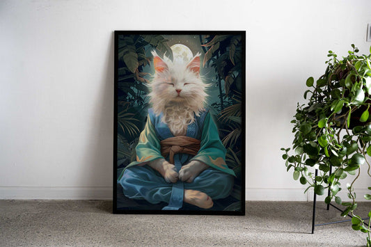 Cat Monk Meditate Mystic Asian Style Poster | Wall Art for Home & Office | High-Quality Print - High-quality vinyl 