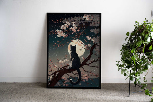 Cat Moon Cherry Blossom Asian Style Poster | Wall Art for Home & Office | High-Quality Print - High-quality vinyl s