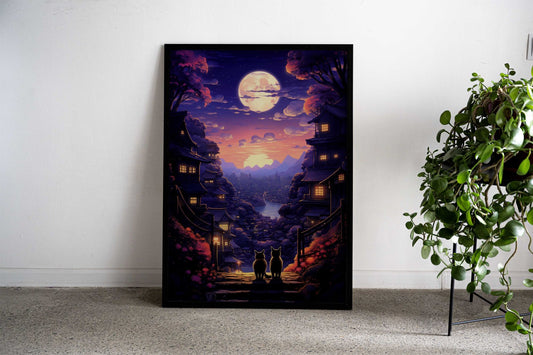 Cat Moon Japan Asian Style Poster | Wall Art for Home & Office | High-Quality Print - High-quality vinyl skin wrap 