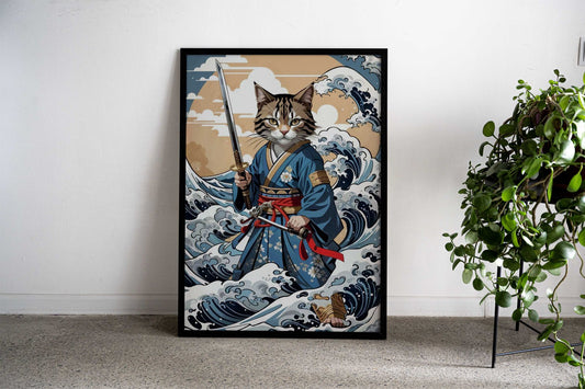 Cat Samurai Japan Wave Asian Style Poster | Wall Art for Home & Office | High-Quality Print - High-quality vinyl sk