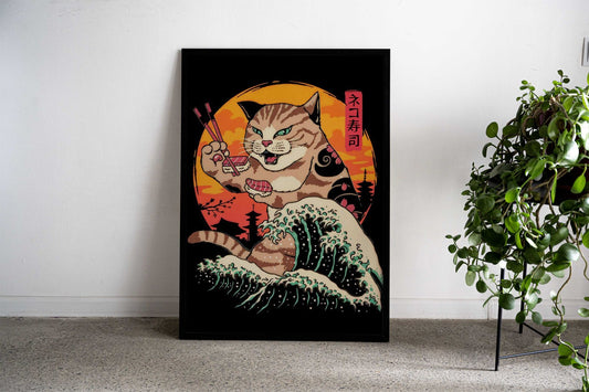 Cat Sushi Wave Japan Asian Style Poster | Wall Art for Home & Office | High-Quality Print - High-quality vinyl skin
