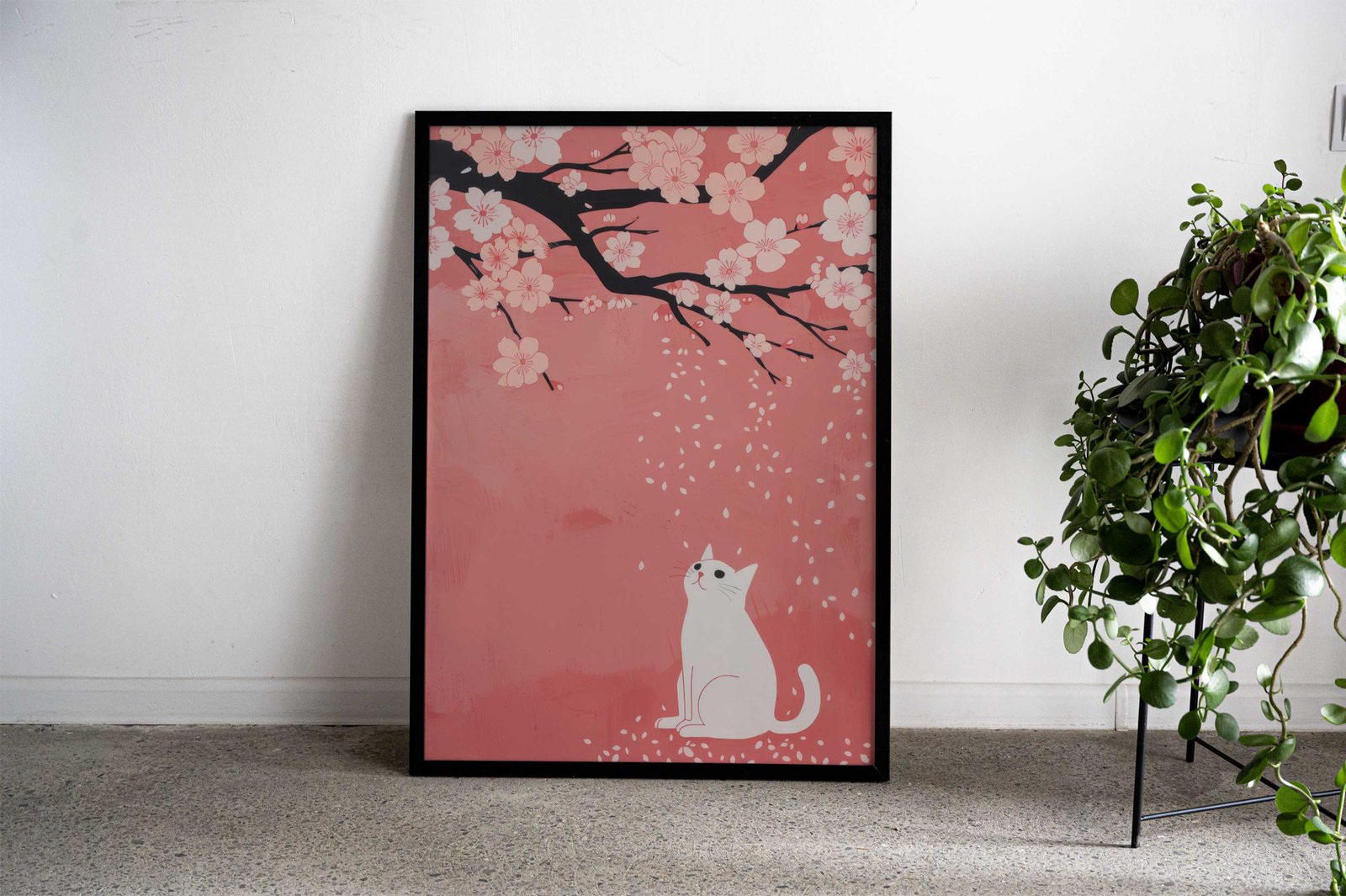 Cat Under Cherry Blossoms Asian Style Poster | Wall Art for Home & Office | High-Quality Print - High-quality vinyl