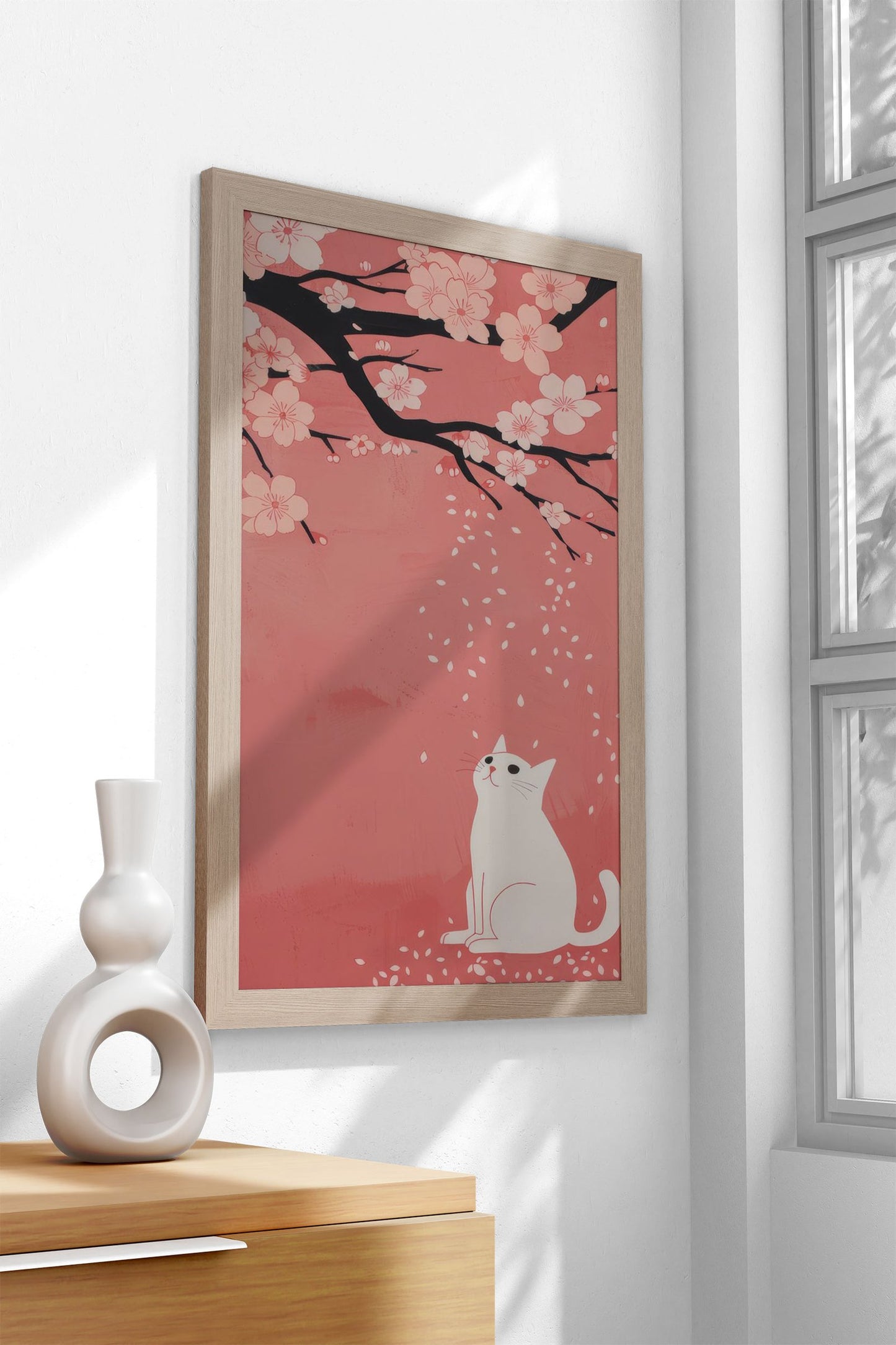 Cat Under Cherry Blossoms Asian Style Poster | Wall Art for Home & Office | High-Quality Print - High-quality vinyl