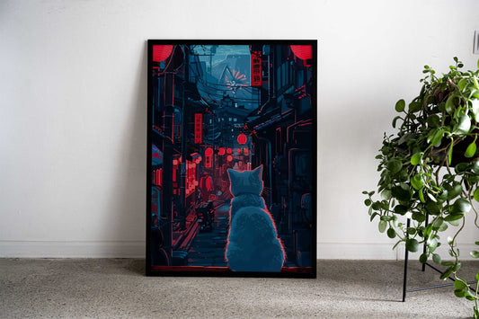 Cat View Street Japan Asian Style Poster | Wall Art for Home & Office | High-Quality Print - High-quality vinyl ski