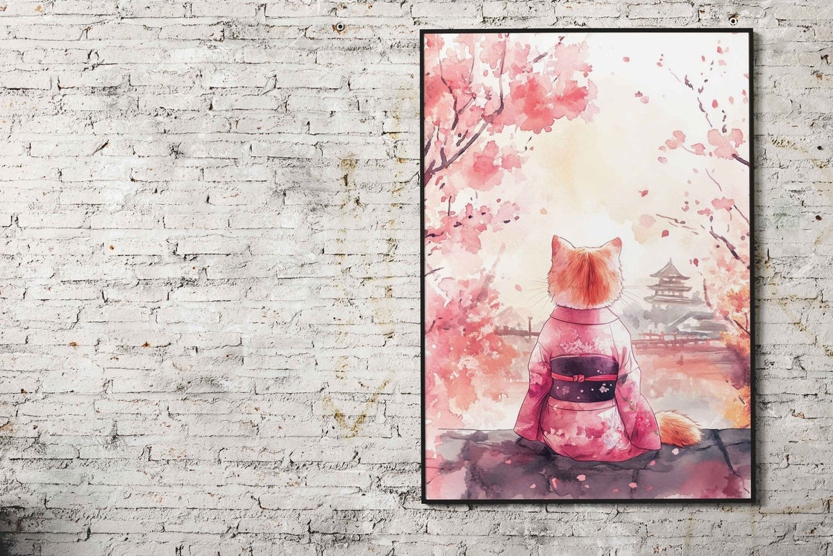Cat at Sakura Park Asian Style Poster | Wall Art for Home & Office | High-Quality Print - High-quality vinyl skin w