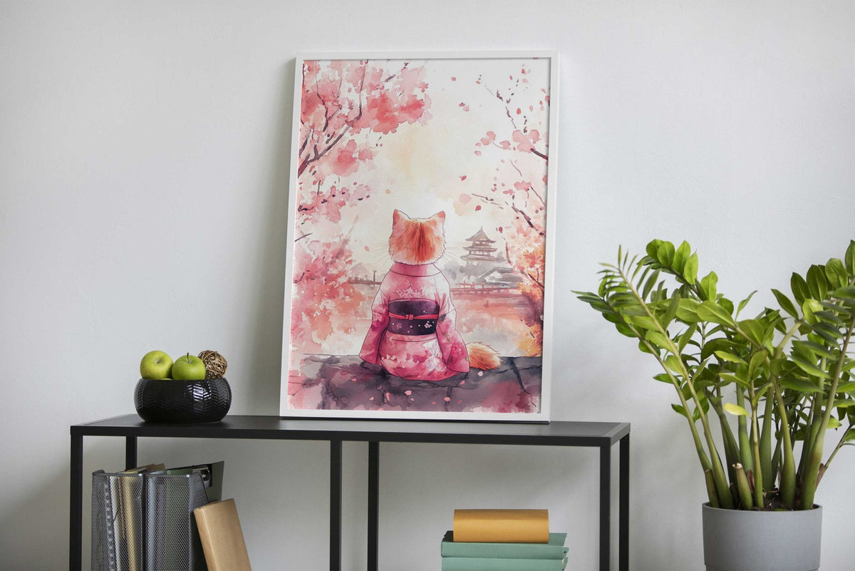 Cat at Sakura Park Asian Style Poster | Wall Art for Home & Office | High-Quality Print - High-quality vinyl skin w