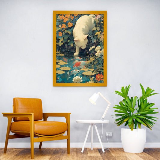 Cat by the Koi Fish Pond Asian Style Poster | Wall Art for Home & Office | High-Quality Print - High-quality vinyl 