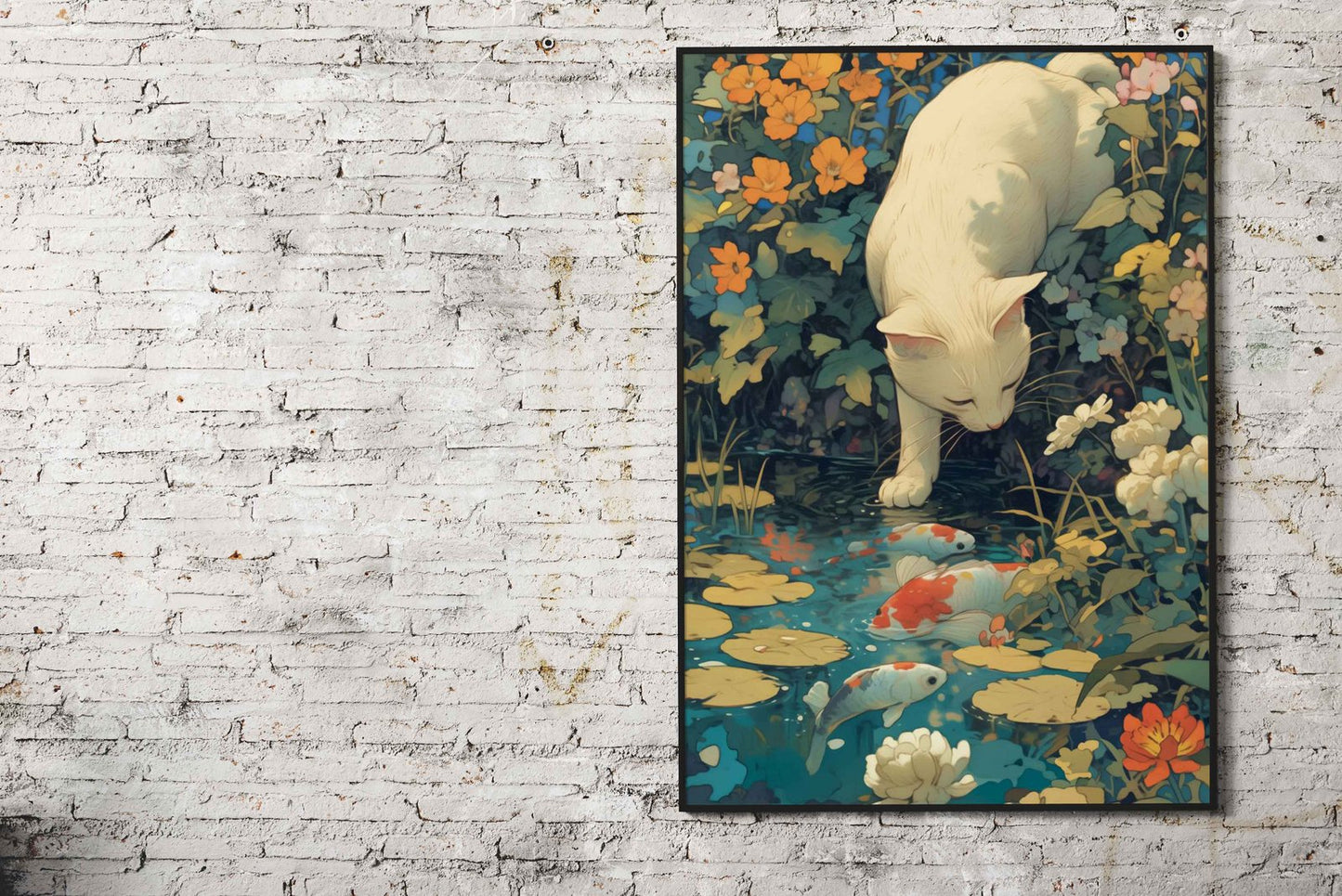 Cat by the Koi Fish Pond Asian Style Poster | Wall Art for Home & Office | High-Quality Print