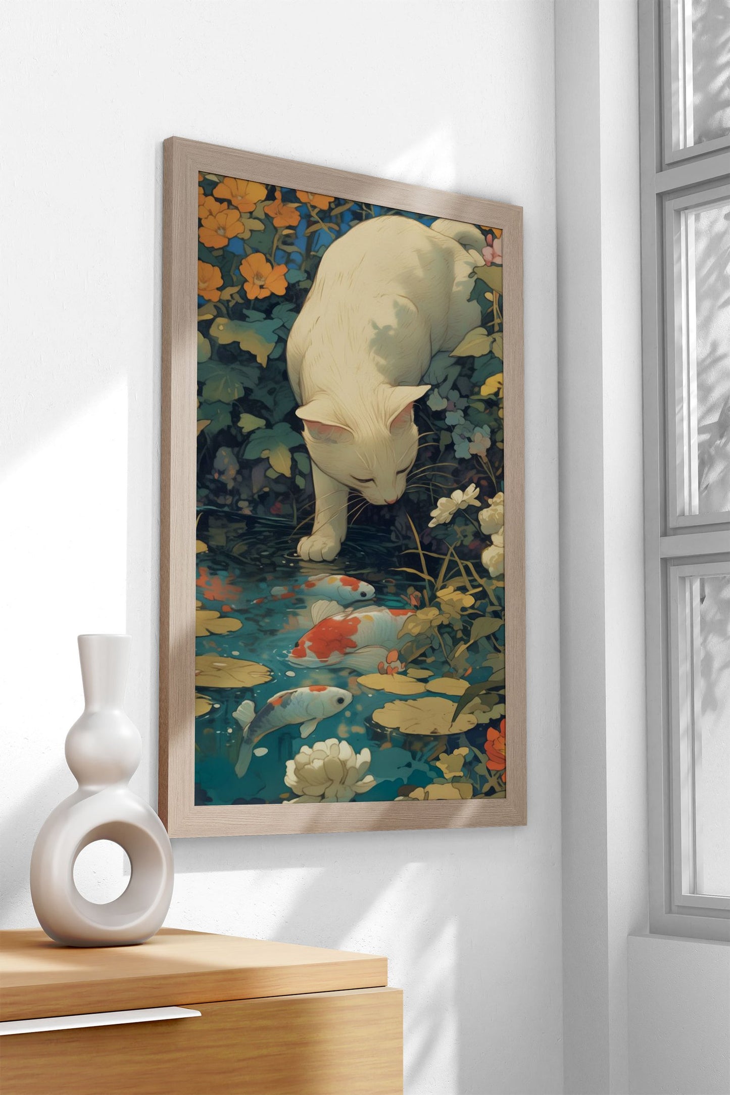 Cat by the Koi Fish Pond Asian Style Poster | Wall Art for Home & Office | High-Quality Print