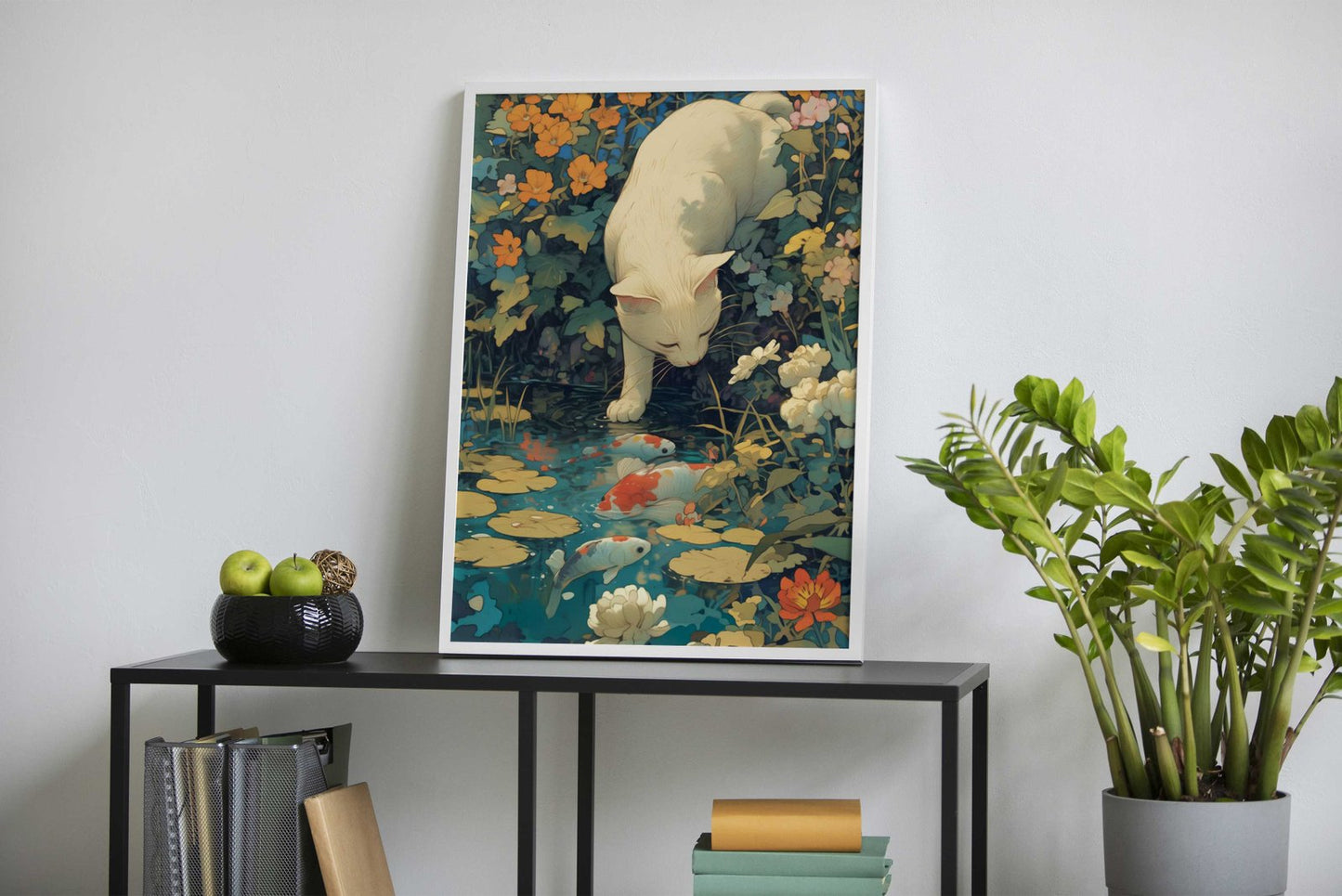 Cat by the Koi Fish Pond Asian Style Poster | Wall Art for Home & Office | High-Quality Print