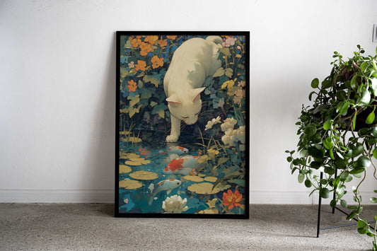 Cat by the Koi Fish Pond Asian Style Poster | Wall Art for Home & Office | High-Quality Print - High-quality vinyl 