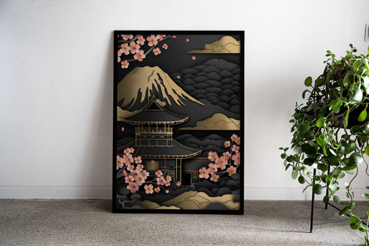 Cherry Bloss Mountain Gold Asian Style Poster | Wall Art for Home & Office | High-Quality Print - High-Quality Visual Display
