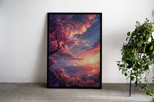 Cherry Blossom Fuji Sunset Asian Style Poster | Wall Art for Home & Office | High-Quality Print - High-Quality Visual Display