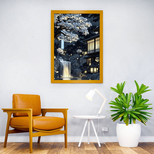 Cherry Blossom Temple Waterfall Asian Style Poster | Wall Art for Home & Office | High-Quality Print - High-Quality Visual Display