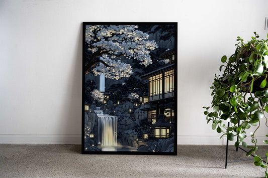 Cherry Blossom Temple Waterfall Asian Style Poster | Wall Art for Home & Office | High-Quality Print - High-Quality Visual Display