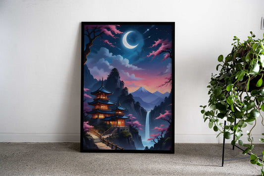 Cherry Blossom Waterfall Asian Style Poster | Wall Art for Home & Office | High-Quality Print - High-Quality Visual Display