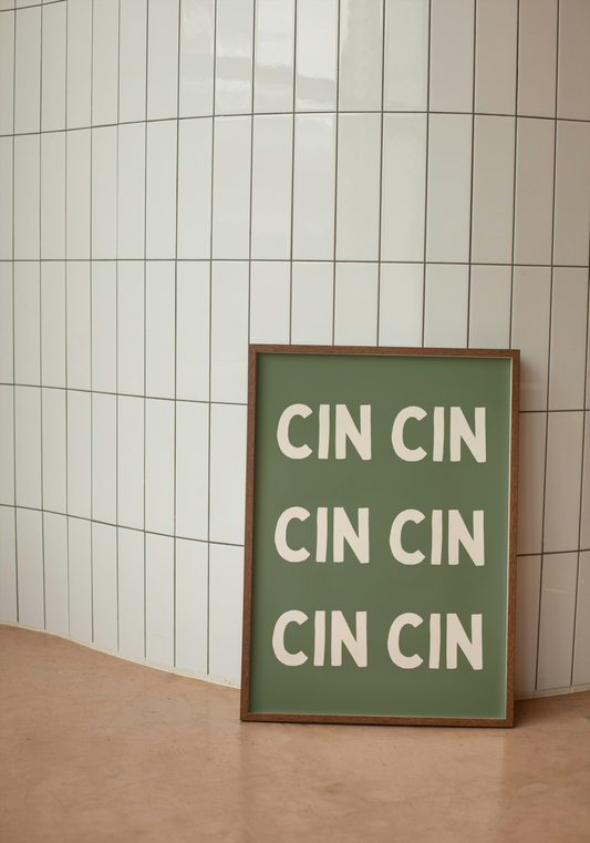 Cin Cin | Cream and Olive Green | Art Print - High-Quality Premium Wall Art Decor Sticker