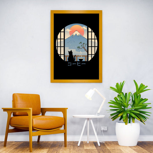 Coffee Cat in Mt Fuji Asian Style Poster | Wall Art for Home & Office | High-Quality Print - High-Quality Visual Display