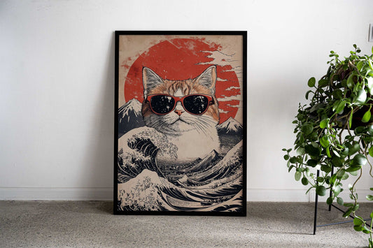 Cool Cat At the Great Wave Asian Style Poster | Wall Art for Home & Office | High-Quality Print - High-Quality Visual Display