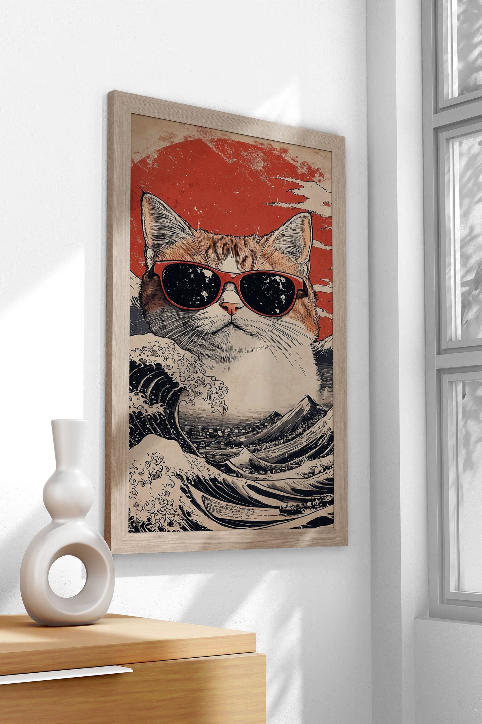 Cool Cat At the Great Wave Asian Style Poster | Wall Art for Home & Office | High-Quality Print - High-Quality Visual Display