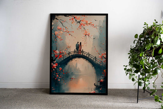 Couple on Bridge in Blossom Asian Style Poster | Wall Art for Home & Office | High-Quality Print - High-Quality Visual Display
