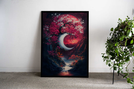 Crescent Moon and Cherry Blossoms Asian Style Poster | Wall Art for Home & Office | High-Quality Print - High-Quality Visual Display