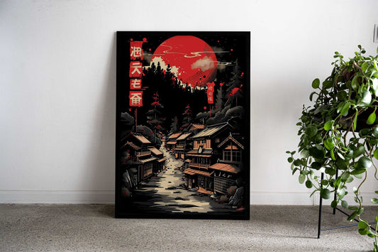 Crimson Moon Japan Village Asian Style Poster | Wall Art for Home & Office | High-Quality Print - High-Quality Visual Display