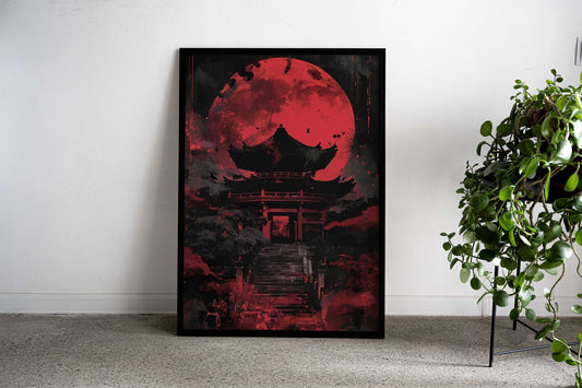 Crimson Moon Pagoda Asian Style Poster | Wall Art for Home & Office | High-Quality Print - High-Quality Visual Display