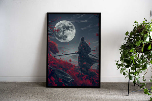 Crimson Moon Samurai Asian Style Poster | Wall Art for Home & Office | High-Quality Print - High-Quality Visual Display